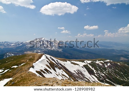 Highest Ukrainian mountain ridge spring panorama. Czarnohora ridge. Carpathians. Ukraine.
