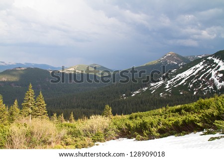 Highest Ukrainian mountain ridge spring panorama. Czarnohora ridge. Carpathians. Ukraine.