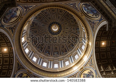 ROME - JANUARY 10: Indoor St. Peter\'s Basilica on January 10, 2013 in Rome, Italy. St. Peter\'s Basilica until recently was considered largest Christian church in world