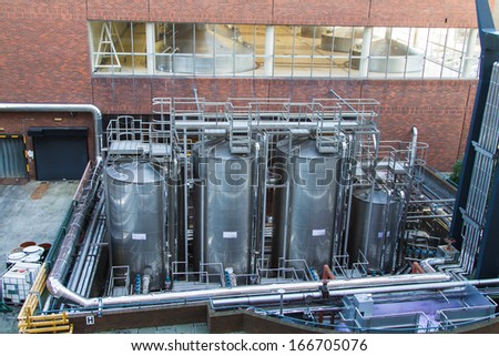 Guinness brewery, Dublin, Ireland - fermentation vessels and tubes of a beer brewery.