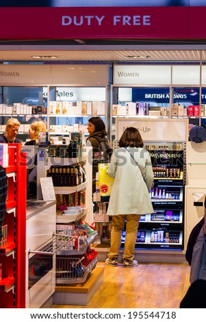 HEATHROW, ENGLAND - APRIL 20: Duty Free shop on April 20, 2013 in London, England. Duty free shops are retail outlets that are exempt from the payment of certain local or national taxes and duties