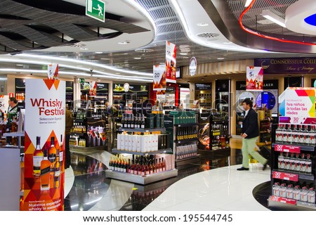 MADRIT, SPAIN - APRIL 20: Duty Free shop on April 20, 2013 in Madrid, Spain. Duty free shops are retail outlets that are exempt from the payment of certain local or national taxes and duties