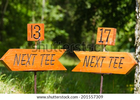 Next tee sign arrow direction golf course, Ronne, Bornholm