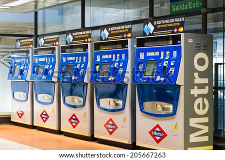 MADRIT, SPAIN - MAY 09: Metro ticket kiosk on May 09, 2014 in Madrid Barajas airport, Spain. Madrid has the bussiest subway system in Spain.