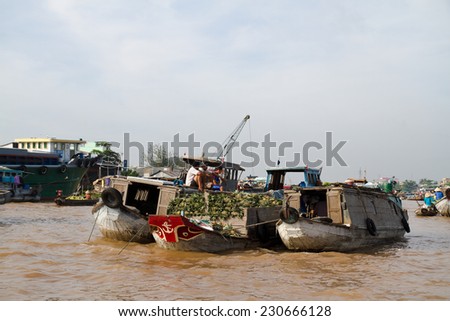 CAN THO, VIETNAM - SEP 14, 2011: Floating market in Mekong river delta. Cai Rang and Cai Be markets are very popular among the local citizens and tourists.