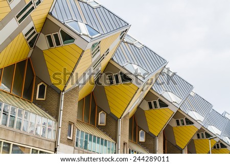ROTTERDAM, NETHERLANDS - NOVEMBER 10: The famous cube houses designed by Piet Blom on November 10, 2014 in Rotterdam, Netherlands. They represents a village where each house is a tree.