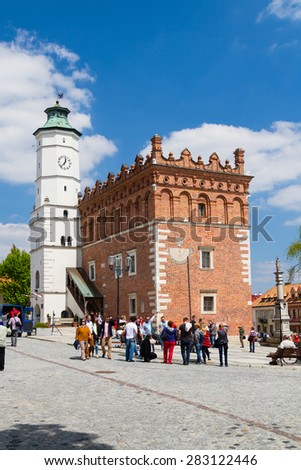 SANDOMIERZ, POLAND - MAY 03: Very old town hall in Sandomierz, Poland on May 03, 2015. The town hall was build in the XIV century and the tower was build in the XVII century.
