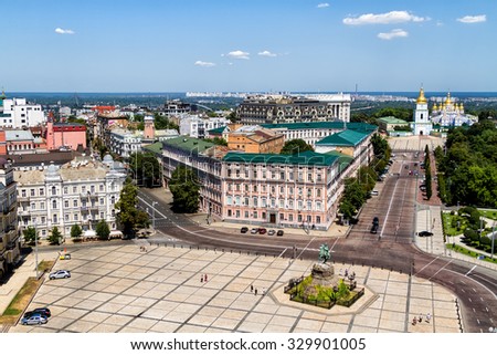 Sophievskaya Square. View from Bell tower of the Saint Sophia Cathedral. Kiev, Ukraine  St. Michael\'s Golden-domed monastery and Bohdan Khmelnitskiy monument in the background.
