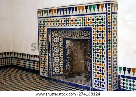 Bahia Palace, MARRAKECH, MOROCCO - April 13, 2105: Tiled fireplace.