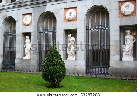 Statues on a facade of Prado Museum, Madrid, Spain