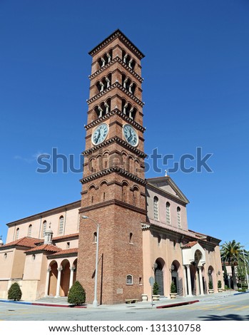 The oldest Catholic church in Pasadena, California has a romanesque campanile bell tower.  Founded in 1886.
