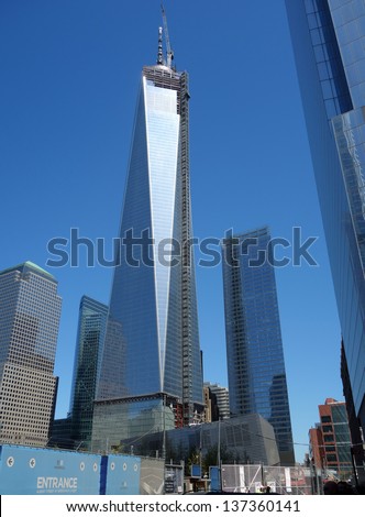NEW YORK - MAY 2:  The 408-foot spire was placed on the top of 1 World Trade Center, which is under construction in New York City, NY, USA on May 2, 2013.