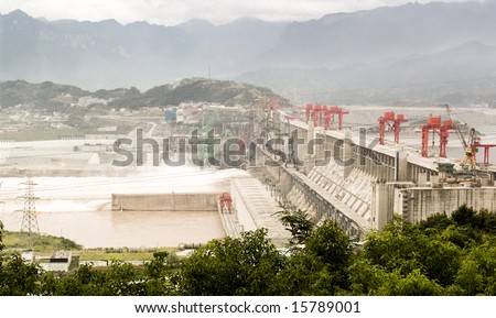 Three Gorges Dam in China, on the Yangtze River.  Aerial View.