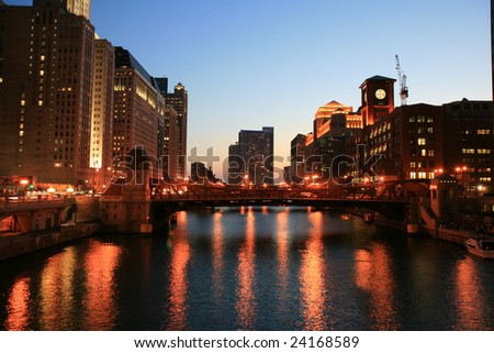 Chicago River at night looking west