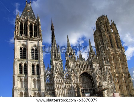 Beautiful gothic architecture on a cathedral in Rouen, France in Normandy