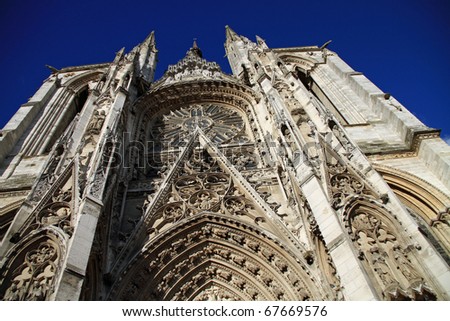 Example of Gothic architecture on the Cathedral of Notre Dame in Rouen, France, in Normandy, front entrance