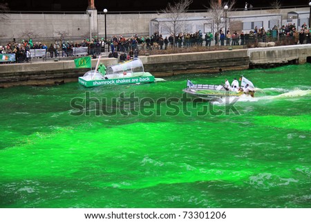 CHICAGO, IL - MARCH 12:  The annual dyeing of the Chicago River green was done on March 12, 2011 in celebration of Saint Patrick\'s Day in downtown Chicago.