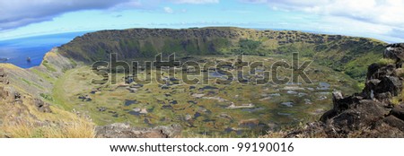 Ancient volcano crater panorama, on Easter Island in the South Pacific