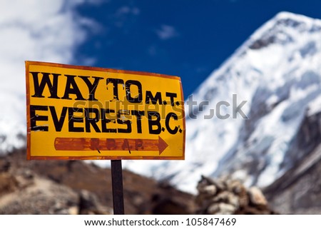 Way to Mt. Everest Base Camp signpost in Himalayas, Nepal