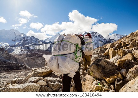 Porter and Sherpa walking with big bag baggage luggage in Himalaya Mountains in Nepal. Khumbu glacier in Everest National Park and people trekking on rocky footpath trail.