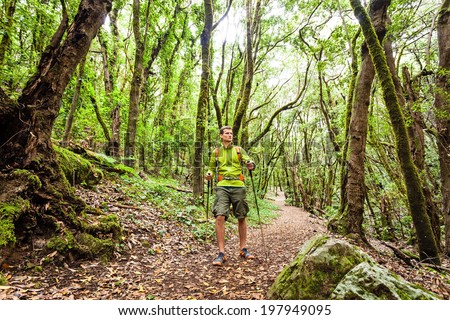 Man hiker hiking in green forest. Young male looking around planning trip or get lost in green beautiful forest, La Gomera, Canary Islands Spain.
