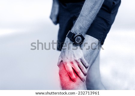 Knee pain, runner leg and muscle pain running and training outdoors, sport and jogging physical injuries when working out. Male athlete holding painful leg.