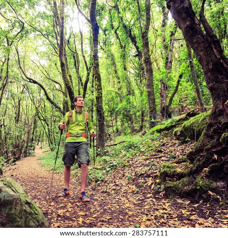 Man hiker hiking in green forest. Young male looking around planning trip or get lost in green beautiful forest, La Gomera, Canary Islands Spain.
