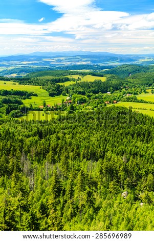 Summer landscape with green forest and beautiful inspirational mountains. Blue sky and white clouds, Poland Europe.