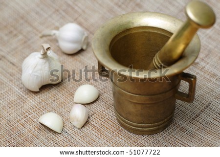 Vintage pounder with garlic pieces. Shallow depth of field with focus on garlic.
