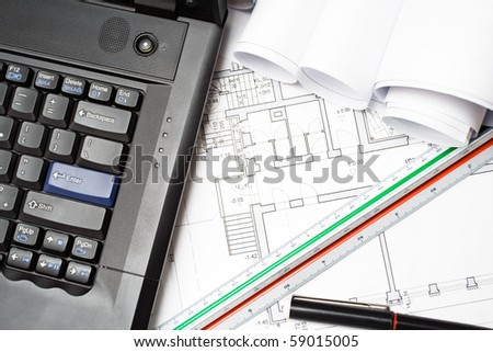 housing projects plans. stock photo : Computer and architect plans of housing project