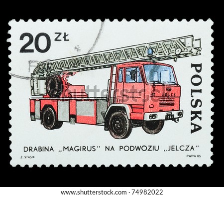 POLAND - CIRCA 1985: A memorial postal stamp printed in Poland, representing a fire truck, circa 1985