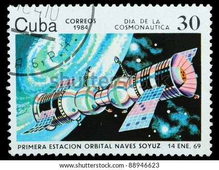 CUBA - CIRCA 1984: A stamp printed in the Cuba shows the rocket, circa 1984. Big space series