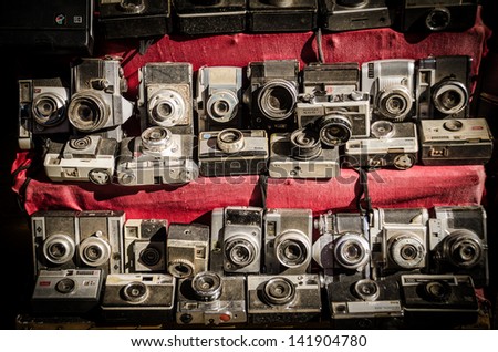 MARRAKESH, MOROCCO - MARCH, 19: Old analog cameras sold in a market of Marrakesh on 19 March 2013. Old cameras from all over the world are easy to find in the Suq.