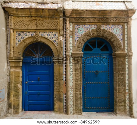 Two blue doors in Essaouira, Morocco, in the typical islamic style