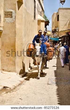 FEZ, MOROCCO- AUGUST 13: Unidentified men transport gas with horses in Fez Morocco on August 13, 2011. Streets are so narrow that horses are the only possible transport.