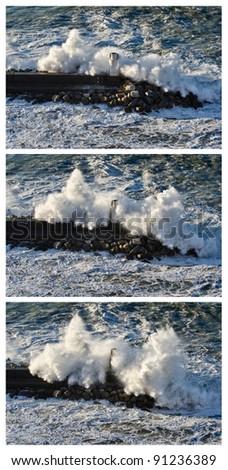 Sequence of shots of a powerful wave breaking against the lighthouse of Camogli, Italy