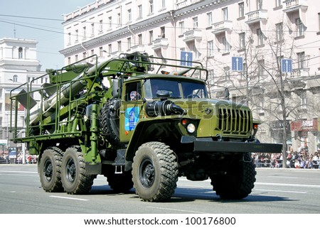 CHELYABINSK, RUSSIA - MAY 9: Armored military truck URAL-4320 exhibited at the annual Victory Parade on May 9, 2011 in Chelyabinsk, Russia.