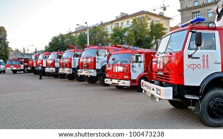 UFA, RUSSIA - SEPTEMBER 10: Modern KamAZ fire trucks exhibited at the annual motor show 