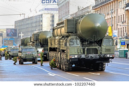 MOSCOW, RUSSIA - MAY 6: Intercontinental ballistic missiles Topol-M exhibited at the annual Victory day Parade dress rehearsal on May 6, 2012 in Moscow, Russia.