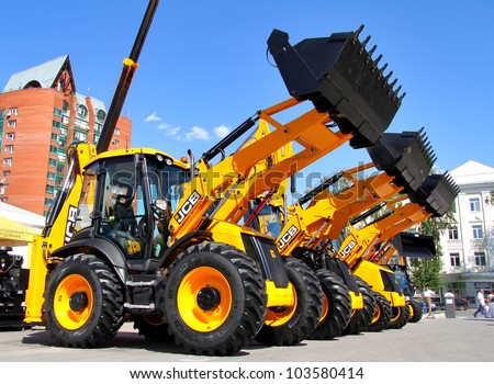 UFA, RUSSIA - MAY 22: Line of JCB machinery at the annual International exhibition \
