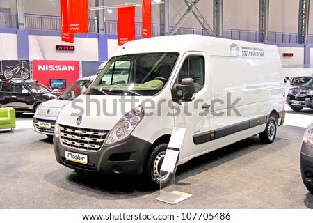 UFA, RUSSIA - MAY 15: French cargo van Renault Master on display at the annual Motor show Autosalon on May 15, 2012 in Ufa, Bashkortostan, Russia.