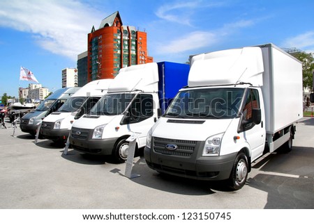 UFA, RUSSIA - MAY 15: Light cargo vans Ford Transit exhibited at the annual Motor show Autosalon on May 15, 2012 in Ufa, Bashkortostan, Russia.