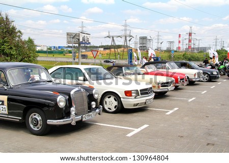 MOSCOW, RUSSIA - JUNE 2: Line of retro Mercedes-Benz vehicles taking part at the annual Panauto Travel Rally on June 2, 2012 in Moscow, Russia.