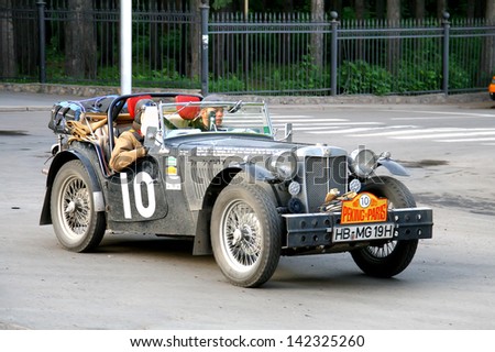 UFA, RUSSIA - JUNE 15: English motor car 1948 MG TC competes at the Peking to Paris Rally on June 15, 2013 in Ufa, Russia.