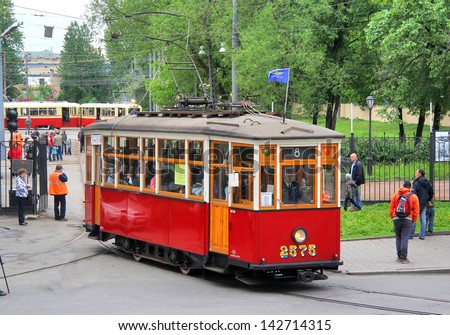 SAINT PETERSBURG, RUSSIA - MAY 26: Vintage russian tramway MS-2 takes part at the Retro Urban Transport Parade on May 26, 2013 in Saint Petersburg, Russia.