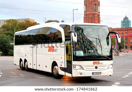 BERLIN - SEPTEMBER 10, 2013: Mercedes-Benz O580-16RHD Travego coach of Bus-Verkehr-Berlin KG bus company at the city street.