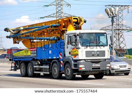 MOSCOW, RUSSIA - JUNE 2, 2012: White MAN TGA concrete pump truck at the city street.