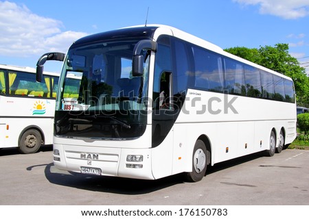 Petergof, Russia - May 27, 2013: White Man R08 Lion\'S Top Coach Interurban Bus At The Bus Station.