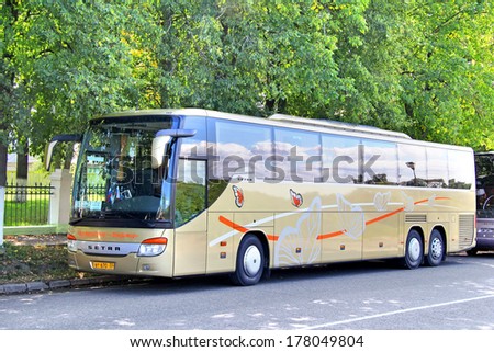 SUZDAL, RUSSIA - AUGUST 23, 2011: Golden Setra S417GT-HD interurban coach at the city street.