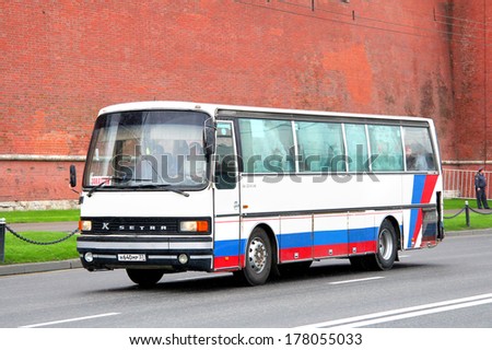 MOSCOW, RUSSIA - MAY 6, 2012: White Setra S211H interurban coach at the city street.